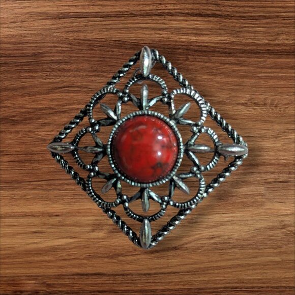 Sarah Coventry Red Cabochon Vintage Brooch Pendant Ornate Filigree Square Design - Picture 1 of 7